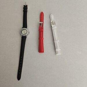 Meigie Watch Gem Encrusted Bezel Black White & Red Interchangeable Bands Working